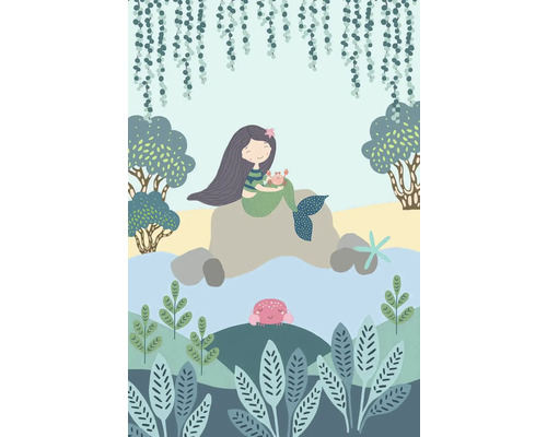 Illustration av en sjöjungfru med krabba på en klippa