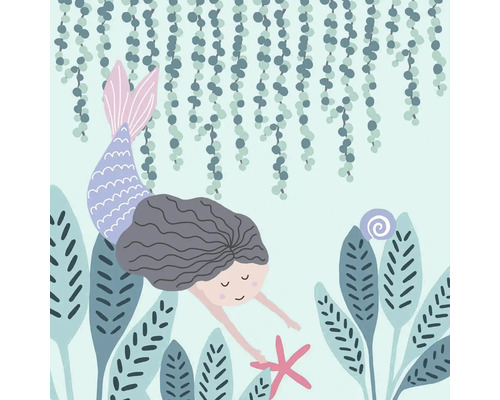 Illustration av en sjöjungfru i havet med växter och en sjöstjärna