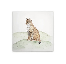 Illustration av en sittande lodjur på en duk