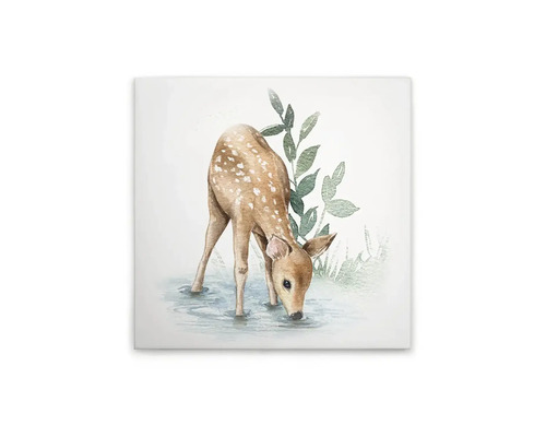 Målning av ett rådjurskid som dricker vatten