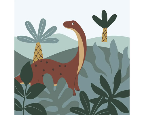 Illustration av en dinosaurie med lång hals i ett djungelliknande landskap