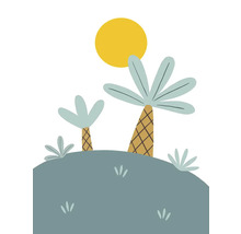 Illustration med palmer och sol