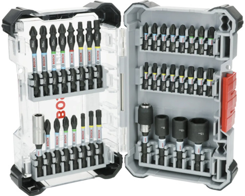 Bosch skruvbitsats med olika bits och hylsnycklar i en verktygslåda