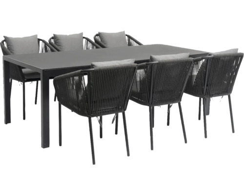 Matgrupp med sex stolar, kuddar och stålram