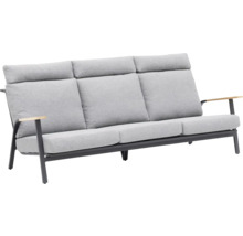 Grå utomhussoffa med tre säten, aluminiumram och armstöd i trä