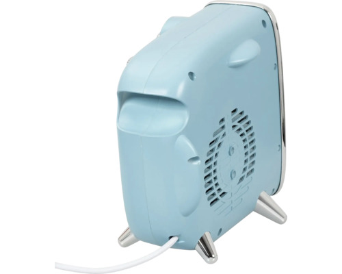Blå fläktvärmare med silverfärgade fötter och ventilationsgaller
