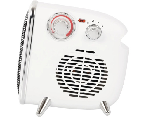 Vit fläktvärmare med temperaturregulator och fläktinställningar