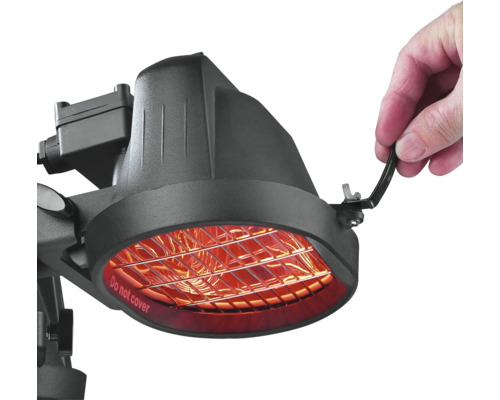 Infraröd värmare med varning och justerbart handtag.