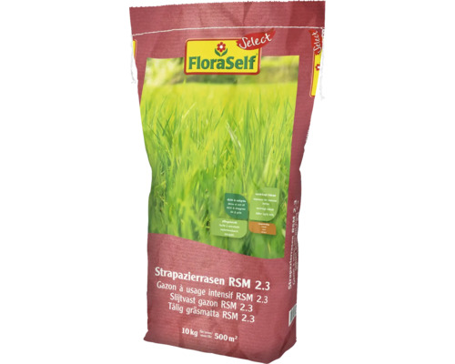 Gräsfrö FLORASELF Select Slitstarkt gräs RSM 2.3 10kg/500m² Förpackning slitstark gräsmatta RSM 2.3 från FloraSelf, 10 kilogram för 500 kvadratmeter