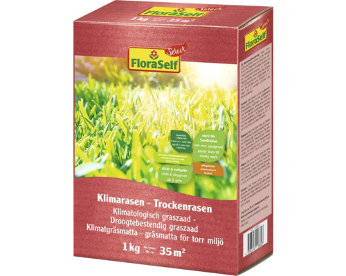 Gräsfrö FLORASELF Select Torr gräsmatta Klimatgräsmatta 1kg/35m² FloraSelf Klimatgräsmatta gräsmatta för torr miljö förpackning, 1 kilogram för cirka 35 kvadratmeter