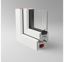 Tvärsnitt av ett vitt plastfönster med treglas