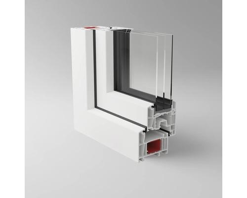 Tvärsnitt av ett vitt plastfönster med treglas