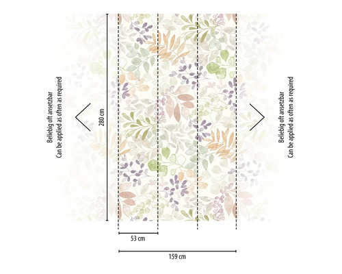 Detaljvy av non-woven tapet med bladmönster och måttangivelser