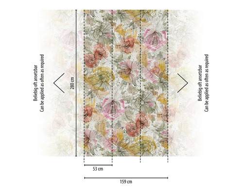 Tapet med blommönster och storleksinformation