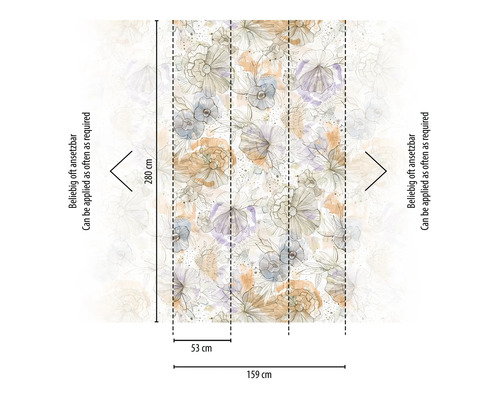 Grafisk representation av en non-woven tapet med blommönster och måtten 280 gånger 159 centimeter.