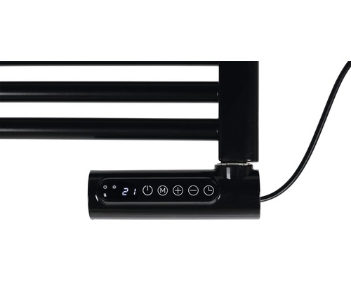 Detaljvy av en svart handdukstork med digital kontrollpanel