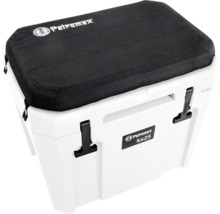 Vit kylbox med svart sittdyna och Petromax-logotyp