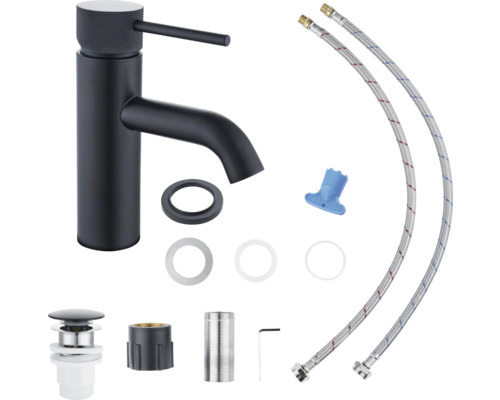 Tvättställsblandare i svart med monteringstillbehör