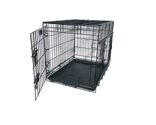 Hundbur av metalltråd med öppen dörr och bottenplatta