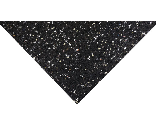 Närbild av en svart gummimatta med färgade stänk