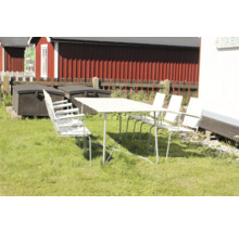 Trädgårdsscen med matbord och stolar på en gräsmatta