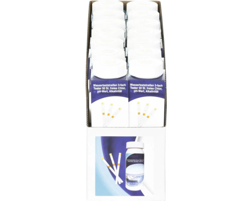 Förpackning med vattenteststickor för testning av klor, pH-värde och alkalinitet