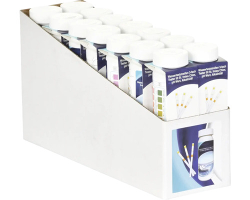 Displaybox med vatten testremsor för bestämning av klor, pH-värde och alkalinitet