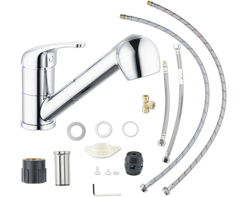 Köksblandare med utdragbar dusch och monteringstillbehör