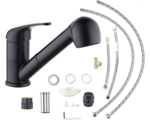 Svart köksblandare med utdragbar slang och tillbehör