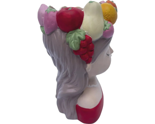 Dekorativ planteringsskål i form av ett flickhuvud med frukt