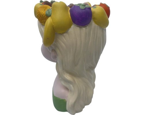 Dekorativ kvinnobyst med fruktkrans som trädgårdsdekoration