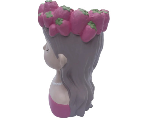 Blomkruka i form av ett flickhuvud med jordgubbskrans