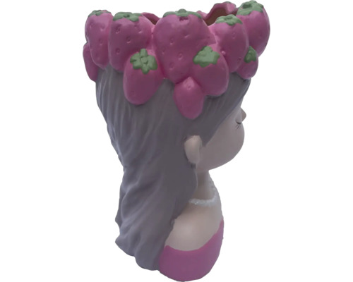 Blomkruka i form av ett flickhuvud med jordgubbar som dekoration