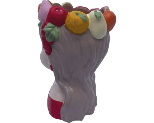 Blomkruka i form av ett kvinnohuvud med fruktdekoration