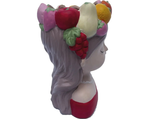 Blomkruka i form av ett flickhuvud med fruktdekoration