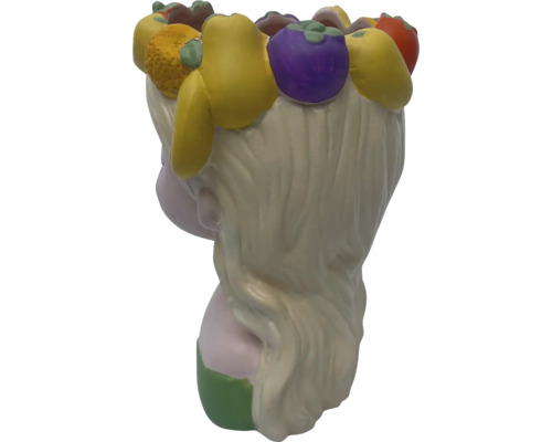 Dekorativ kvinnobyst med frukthuvudbonad som planteringskärl