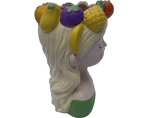 Blomkruka i form av ett flickhuvud med frukthuvudbonad