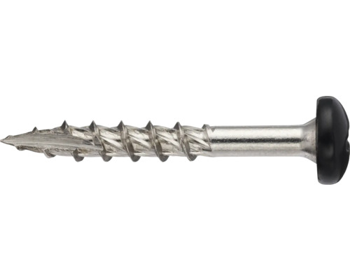 Rännkrokskruv VSB 4,8x25mm A2 rostfri/svart 100-pack Silverfärgad skruv med linshuvud och gänga