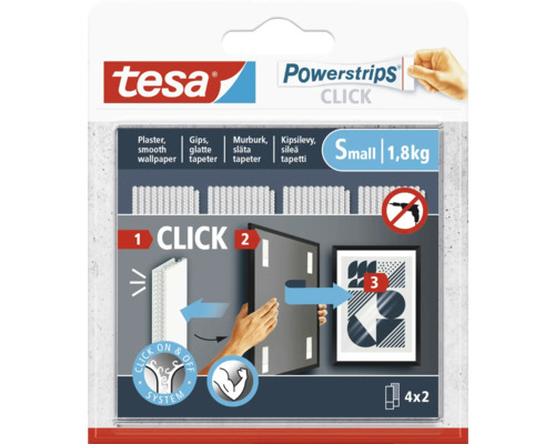 Monteringsremsa TESA Powerstrips Click Small 1,8kg 4-pack Tesa Powerstrips Click förpackning för att fästa objekt utan att borra