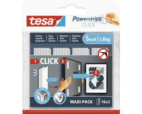 Monteringsremsa TESA Powerstrips Click Small 1,8kg 16-pack Tesa Powerstrips Click-förpackning för att hänga upp bilder utan att borra