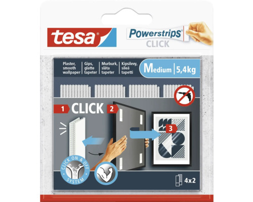 Monteringsremsa TESA Powerstrips Click Medium 5,4kg 4-pack Tesa Powerstrips Click, Medium, 5,4 kilogram, för upphängning utan borrning