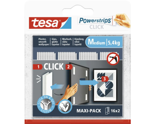 Monteringsremsa TESA Powerstrips Click Medium 5,4kg 16-pack Tesa Powerstrips Click-paket för upphängning av föremål utan att borra