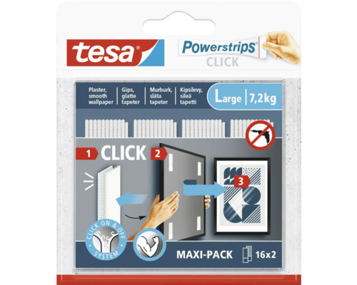 Monteringsremsa TESA Powerstrips Click Large 7,2kg 4-pack Tesa Powerstrips Click, stora självhäftande remsor för upphängning av föremål utan borrning, maximal lastkapacitet 7,2 kilogram