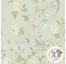 Tapet med blommor, fåglar och Laura Ashley 70 år logotyp