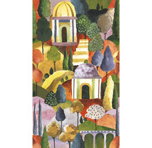 Illustration av ett trädgårdslandskap med trädgårdshus och träd