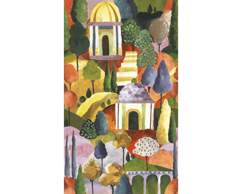 Illustration av ett trädgårdslandskap med trädgårdshus och träd