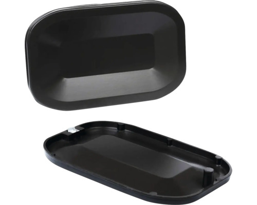 Svart rektangulärt lock, vy ovanifrån och underifrån