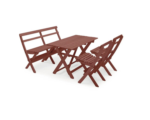 Trädgårdsmöbelset i trä med ett bord, en bänk och två stolar