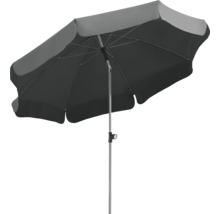 Grått trädgårdsparasoll med metallstativ för utomhusbruk