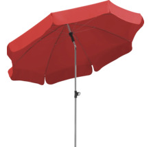 Rött parasoll med stålstativ för utomhusbruk